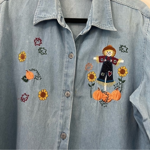 Vintage‎ Falls Creek Fall Scarecrow Embroidered Denim Chambray Button Down Shirt - Picture 3 of 6